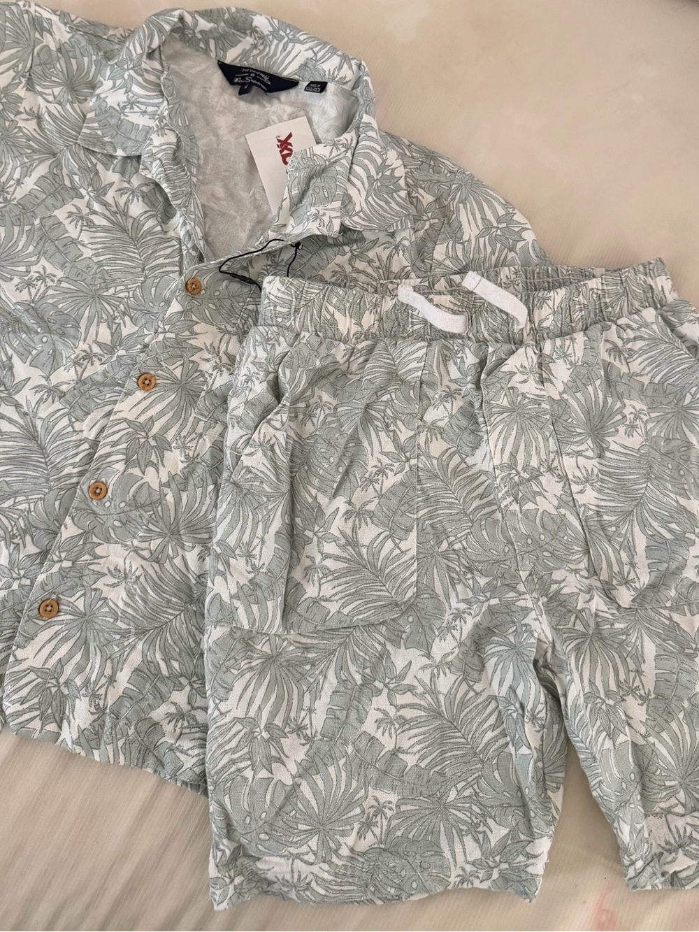 Boys Tropical Print Drawstring Short Set- Light Sage/White